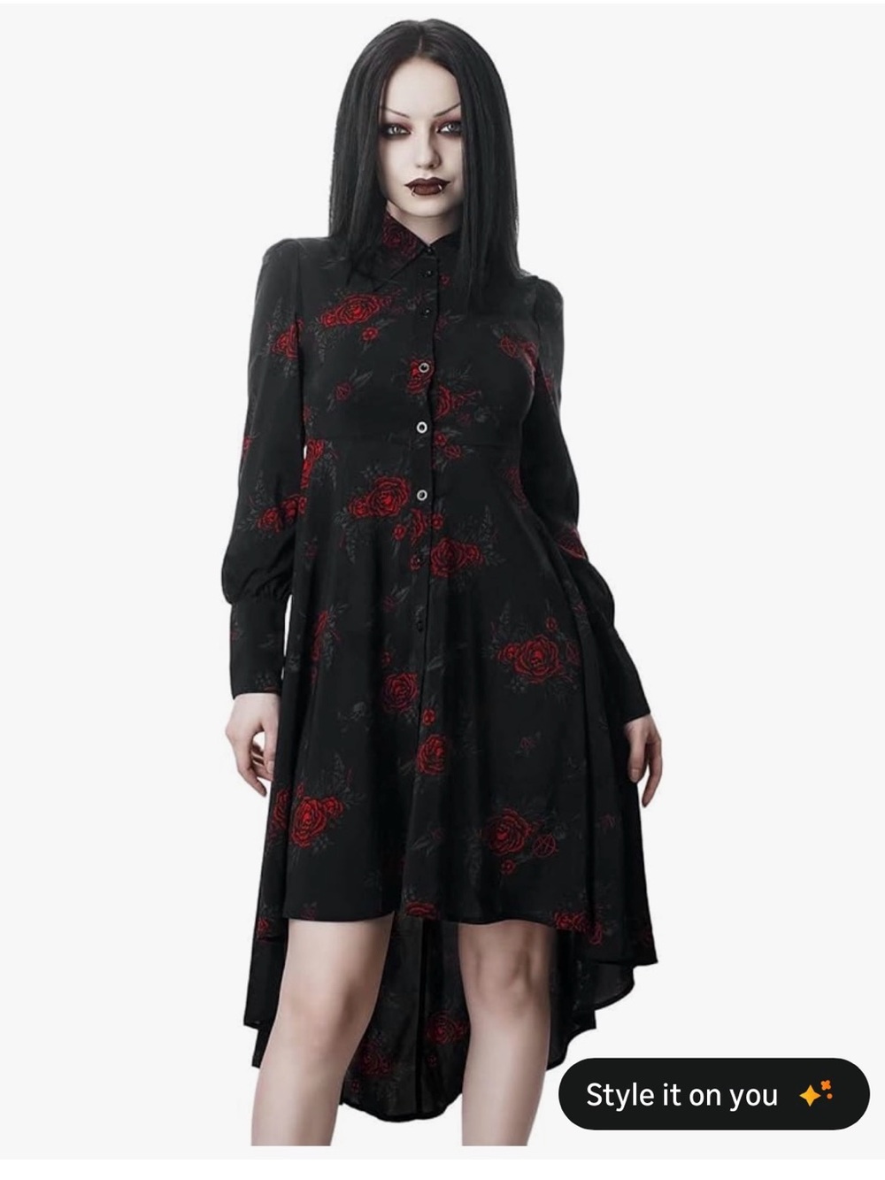 Killstar Black High-Low Dress with Red Rose Print